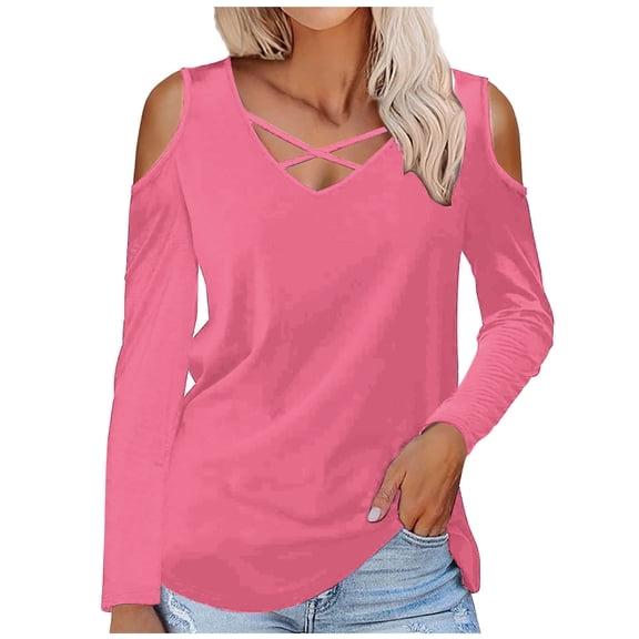 Diufon Long Sleeve Womens Tops Fall Casual Solid Color Tunics V Neck off Shoulder Blouses