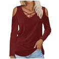thumbnail image 1 of Diufon Long Sleeve Womens Tops Fall Casual Solid Color Tunics V Neck off Shoulder Blouses, 1 of 4