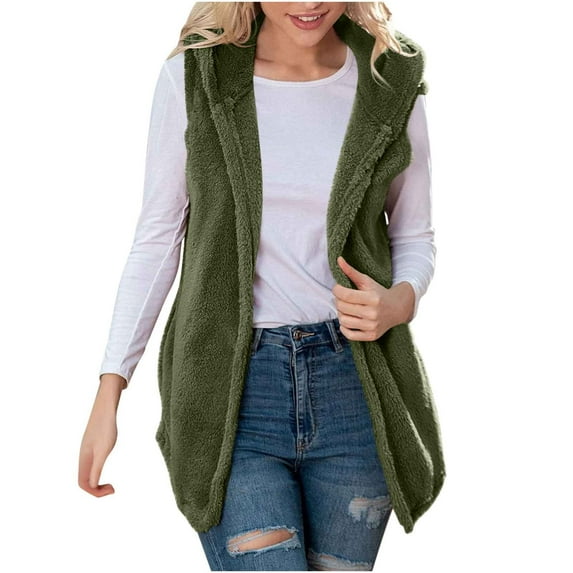 Diufon Long Vest for Women Sleeveless Fleece Hoodie Open Front Cardigan Solid Color Cozy Warm Jackets