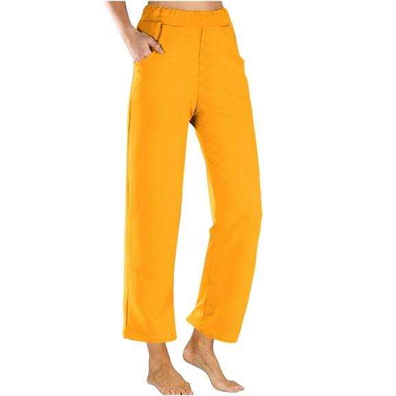 Diufon Lounge Pants for Women Cotton Casual Solid Color Work Pants Elastic High Waist Pants with Pockets