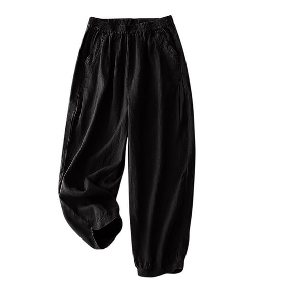 Diufon Lounge Pants for Women Cotton Linen Elastic Waist Pants Casual Solid Color Pants with Pockets