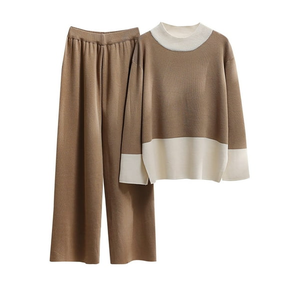 Diufon Lounge Sets for Women Color Block Round Neck Long Sleeve Tops Wide Leg Pants Sets
