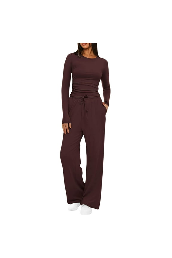 Womens 2 Piece Sets Long Sleeve Crop Top and Wide Leg Pants with Pockets Casual Sweatsuit Matching Set