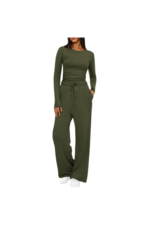 Womens 2 Piece Sets Long Sleeve Crop Top and Wide Leg Pants with Pockets Casual Sweatsuit Matching Set