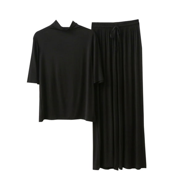 Diufon Loungewear Sets for Women High Neck Short Sleeve Tops Wide Leg Pants 2pc Pjs Sets