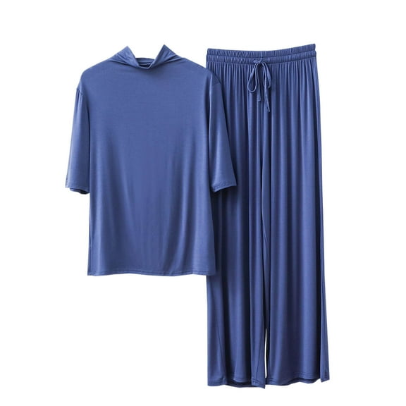 Diufon Loungewear Sets for Women High Neck Short Sleeve Tops Wide Leg Pants 2pc Pjs Sets