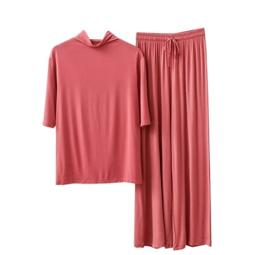 Diufon Loungewear Sets for Women High Neck Short Sleeve Tops Wide Leg Pants 2pc Pjs Sets
