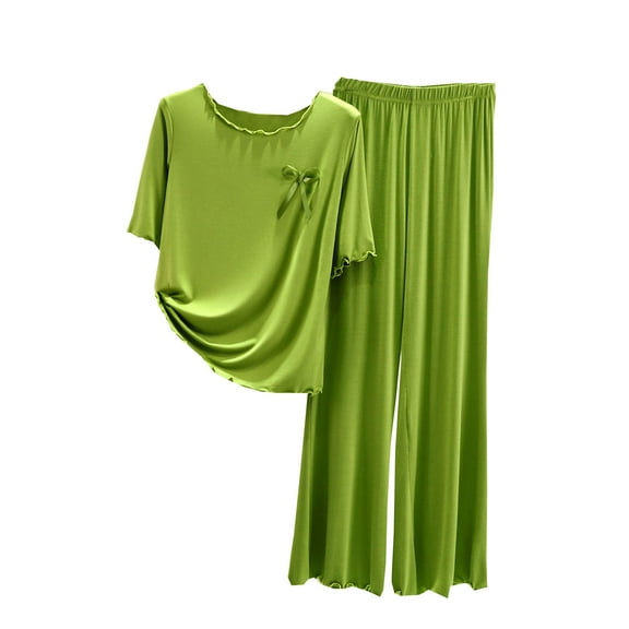 Diufon Loungewear Sets for Women Solid Color Bow Ruffle Short Sleeve Tops Elastic Waist Pjs