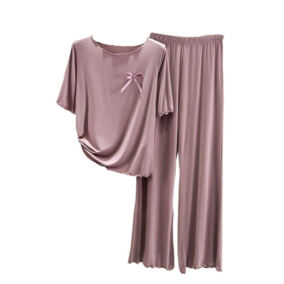 Diufon Loungewear Sets for Women Solid Color Bow Ruffle Short Sleeve Tops Elastic Waist Pjs