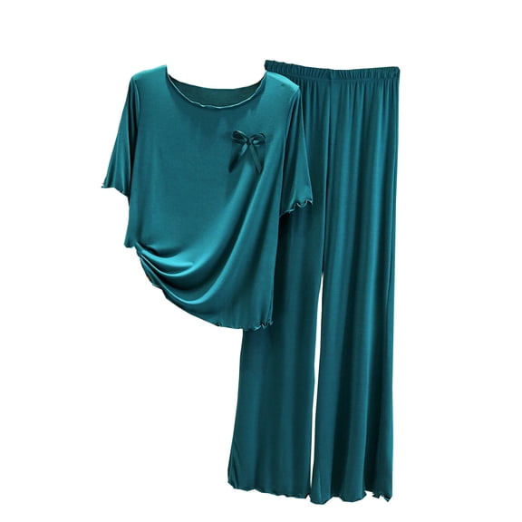 Diufon Loungewear Sets for Women Solid Color Bow Ruffle Short Sleeve Tops Elastic Waist Pjs