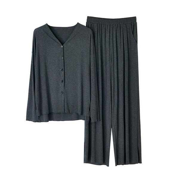 Diufon Loungewear Sets for Women V Neck Button Long Sleeve Tops Elastic Waist Wide Leg Pants Pj Sets