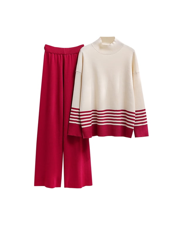 Matching Sets for Women Stripe Printed Round Neck Long Sleeve Sweaters Wide Leg Pants Sets