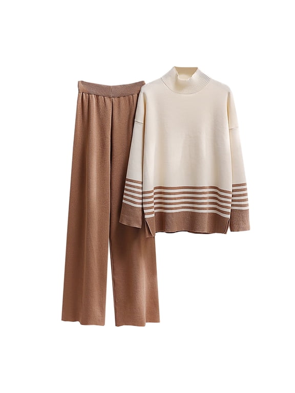 Matching Sets for Women Stripe Printed Round Neck Long Sleeve Sweaters Wide Leg Pants Sets