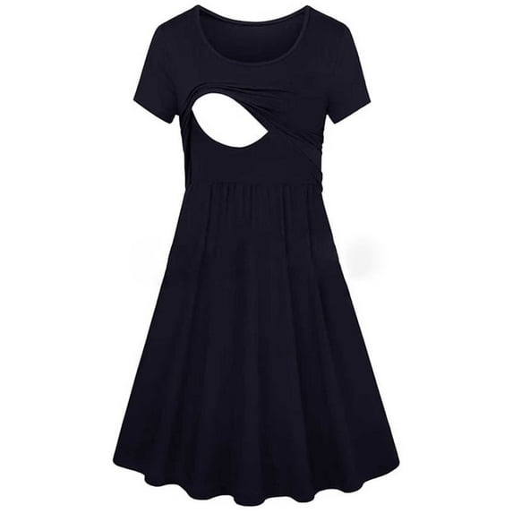 Diufon Maternity Dress for Women Short Sleeve Crew Neck A-Line Nursing Dress Ruffle Pregnancy Solid Color Midi Dresses