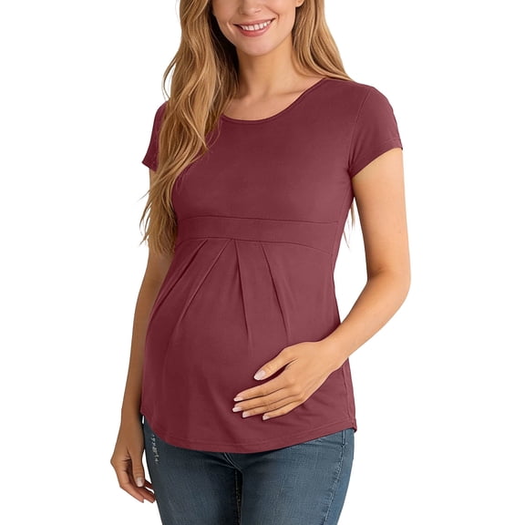 Diufon Maternity Tops for Women Short Sleeve Crewneck Pregnancy Pleated Tunic Shirts Casual Soft Nursing Blouse