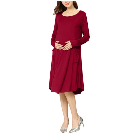 Diufon Maternity Nursing Dress for Women Double Layer Long Sleeve Round Neck Breastfeeding Dress with Pockets