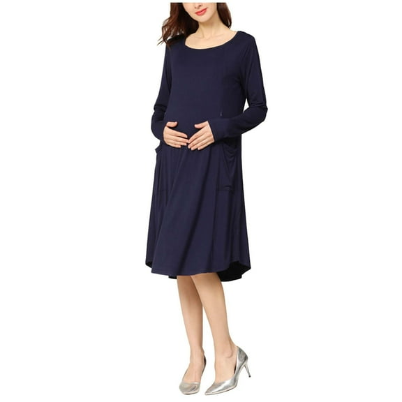 Diufon Maternity Nursing Dress for Women Double Layer Long Sleeve Round Neck Breastfeeding Dress with Pockets