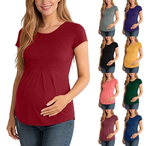 Diufon Maternity Tops for Women Short Sleeve Crewneck Pregnancy Pleated Tunic Shirts Casual Soft Nursing Blouse