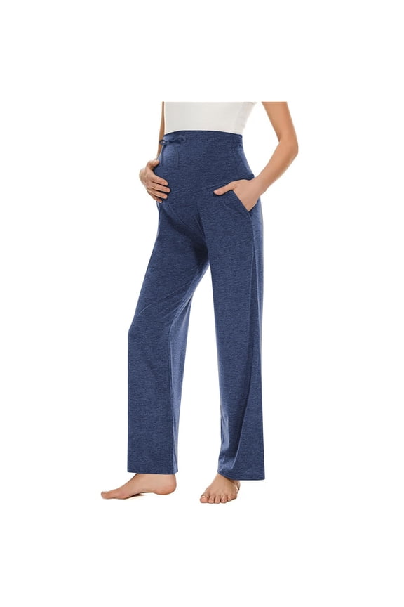 Maternity Yoga Pants High Waist Over The Belly Drawstring Soft Pants Solid Color Straight Leg Loose Pants