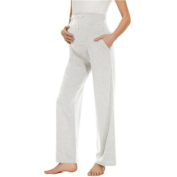 Diufon Maternity Yoga Pants High Waist Over The Belly Drawstring Soft Pants Solid Color Straight Leg Loose Pants
