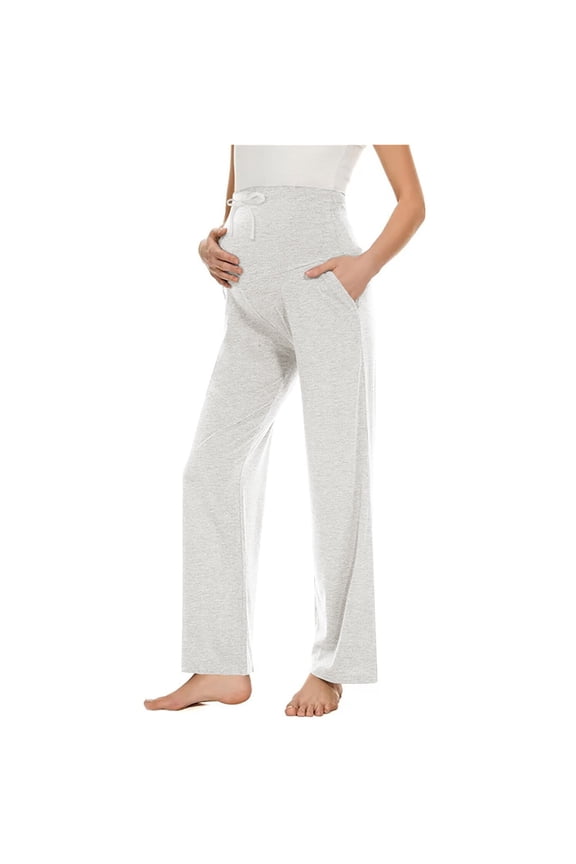 Maternity Yoga Pants High Waist Over The Belly Drawstring Soft Pants Solid Color Straight Leg Loose Pants