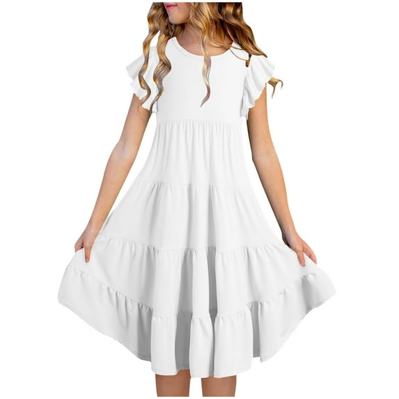 Diufon Maxi Dresses for Girls Solid Color A-Line Dress Crewneck Ruffle Cap Sleeve Dress with Pockets