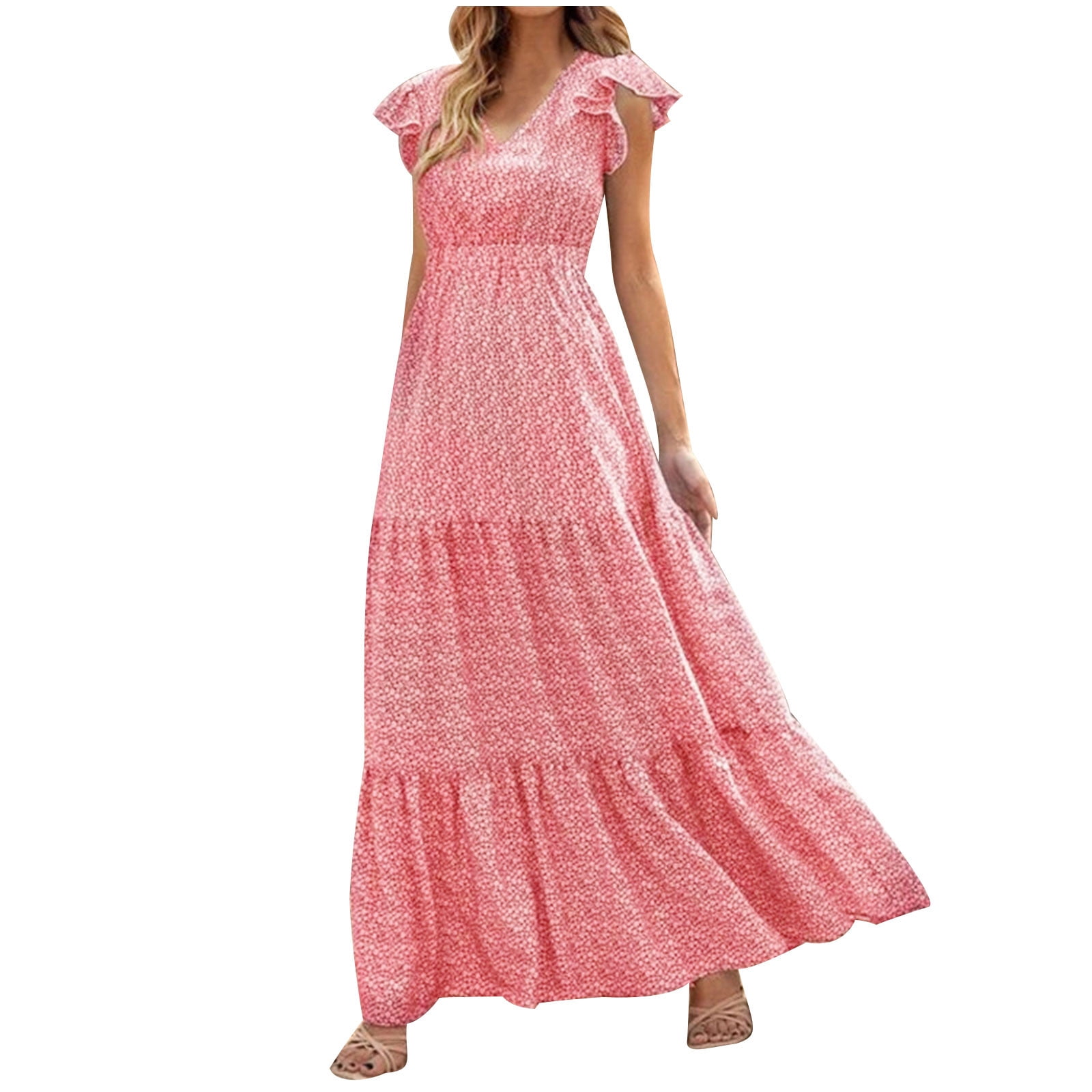 Diufon Maxi Dresses for Women 2024 Summer V Neck Ruffle Cap Sleeve