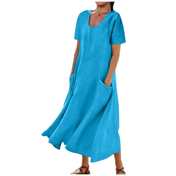 Diufon Maxi Dresses for Women Solid Color Cotton Linen Dresses Crewneck Short Sleeve Dress with Pockets