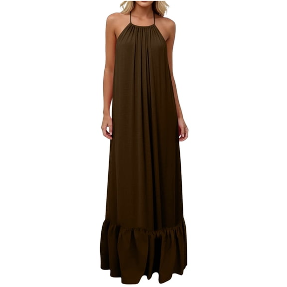 Diufon Long Maxi Dresses for Women Summer Beach Backless Linen Dress Solid Color Pleated Ruffle Hem Dresses