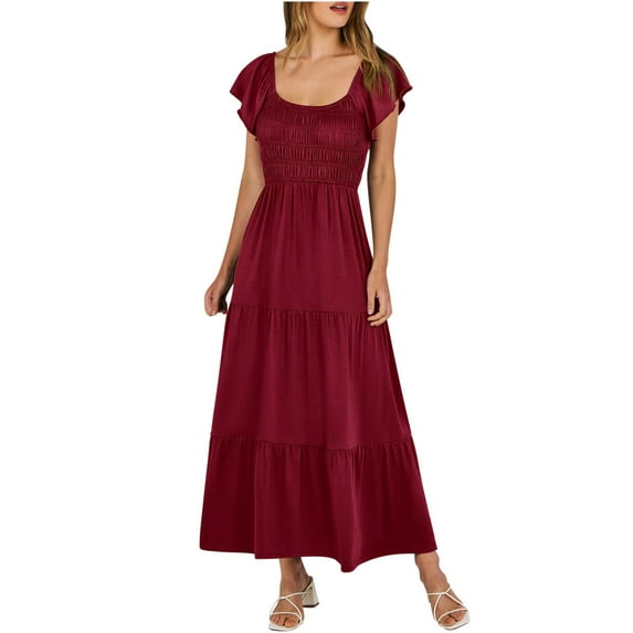 Diufon Maxi Dresses for Women Solid Color Elastic Waist Dress Scoop Neck Ruffle Cap Sleeve Dress