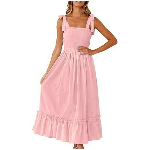 Diufon Maxi Dresses for Women Square Neck Sleeveless Lace-Up Strap Dress Elastic Waist Dress