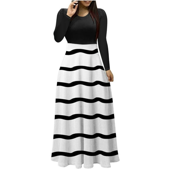 Diufon Maxi Dresses for Women Trendy Color Block Pleated Dress Round Neck Long Sleeve Dress