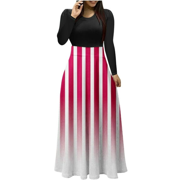 Diufon Maxi Dresses for Women Trendy Color Block Pleated Dress Round Neck Long Sleeve Dress