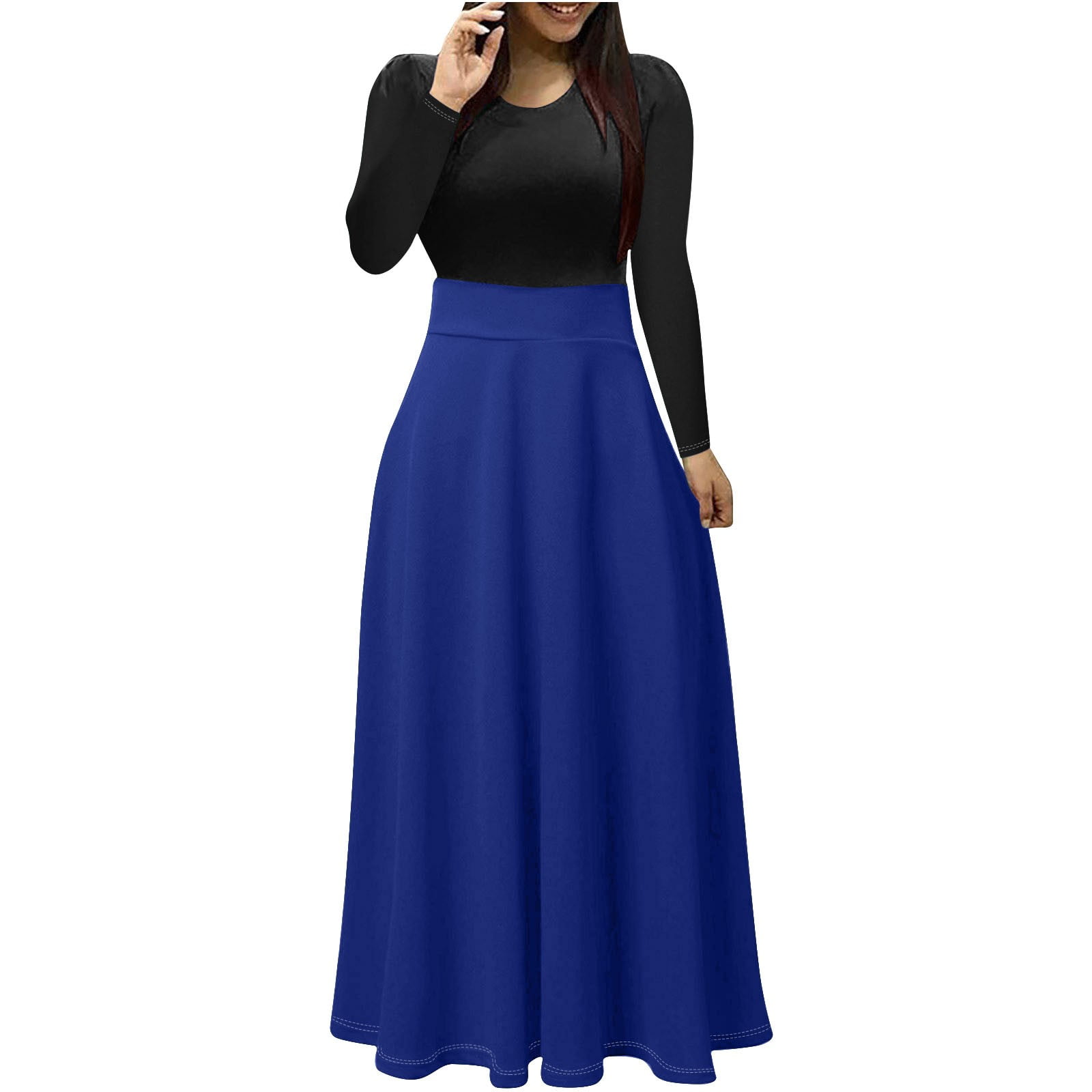 Diufon Maxi Dresses for Women Trendy Color Block Pleated Dress Round Neck  Long Sleeve Dress - Walmart.com