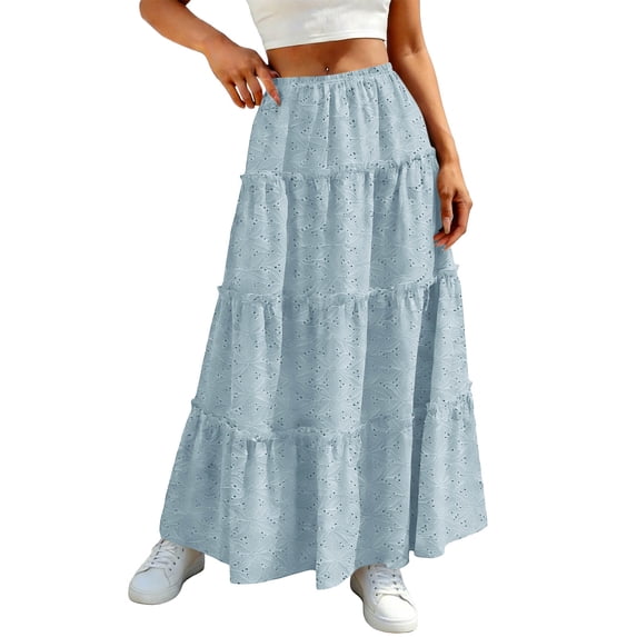 Diufon Womens Maxi Skirt Summer Casual Ruffle Tiered Elastic Waist Long Skirts Hollowed-out Boho Flowy Skirt