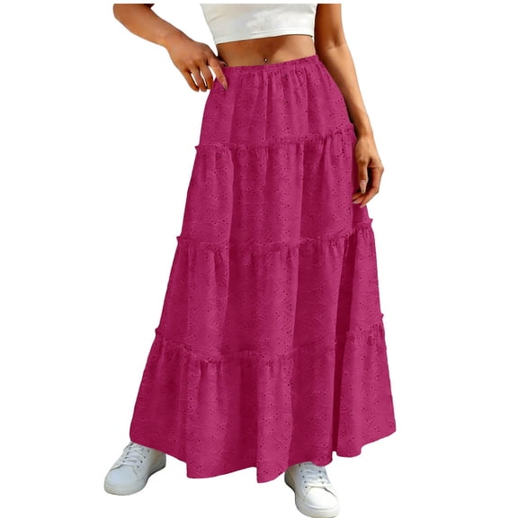 Diufon Womens Maxi Skirt Summer Casual Ruffle Tiered Elastic Waist Long Skirts Hollowed-out Boho Flowy Skirt