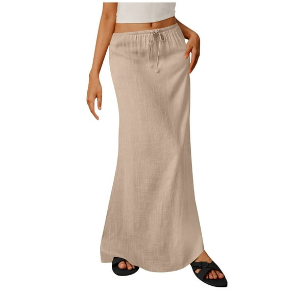 Diufon Maxi Skirts for Women Summer Cotton Linen Long Skirts Boho Casual Skirts Drawstring Waist A Line Skirts