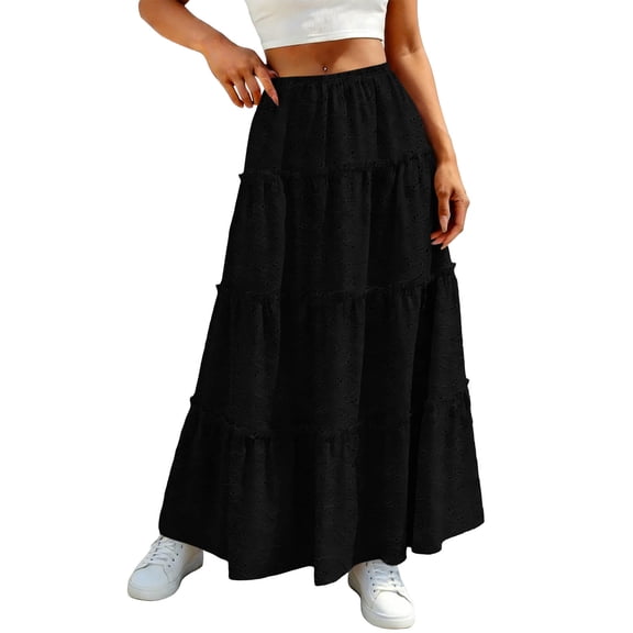 Diufon Womens Maxi Skirt Summer Casual Ruffle Tiered Elastic Waist Long Skirts Hollowed-out Boho Flowy Skirt