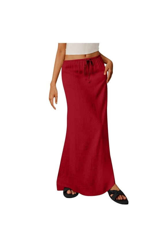Maxi Skirts for Women Summer Cotton Linen Long Skirts Boho Casual Skirts Drawstring Waist A Line Skirts