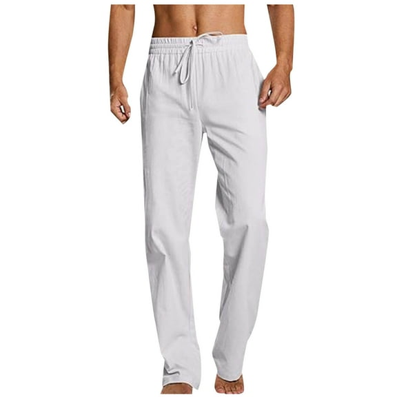 Diufon Men's Casual Pants Cotton Linen Elastic Waist Drawstring Straight Leg Loose Pants Spring Summer Trousers