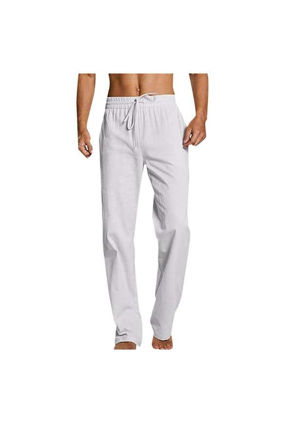 Men's Casual Pants Cotton Linen Elastic Waist Drawstring Straight Leg Loose Pants Spring Summer Trousers