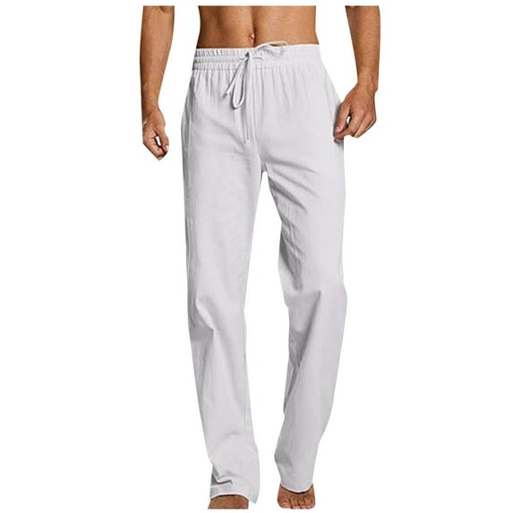 Diufon Men's Casual Pants Cotton Linen Elastic Waist Drawstring Straight Leg Loose Pants Spring Summer Trousers