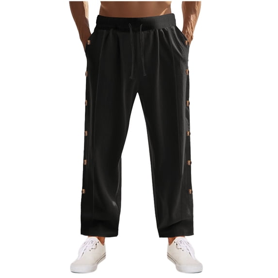 Diufon Men's Casual Pants Drawstring Waist Wide Leg Loose Cotton Linen Pant Trendy Side Button Trousers with Pockets