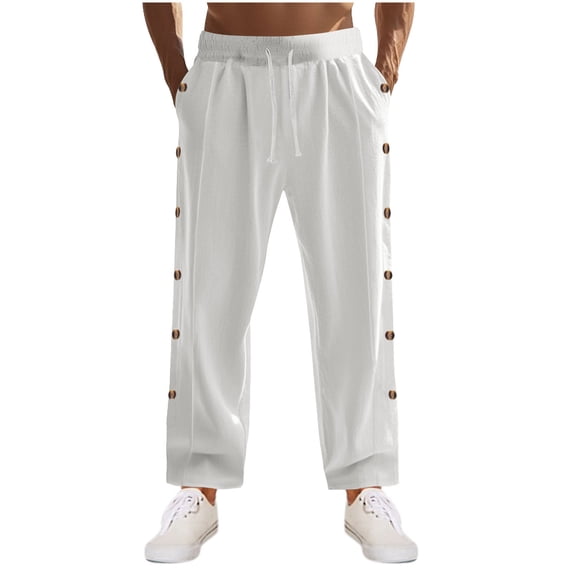Diufon Men's Casual Pants Drawstring Waist Wide Leg Loose Cotton Linen Pant Trendy Side Button Trousers with Pockets