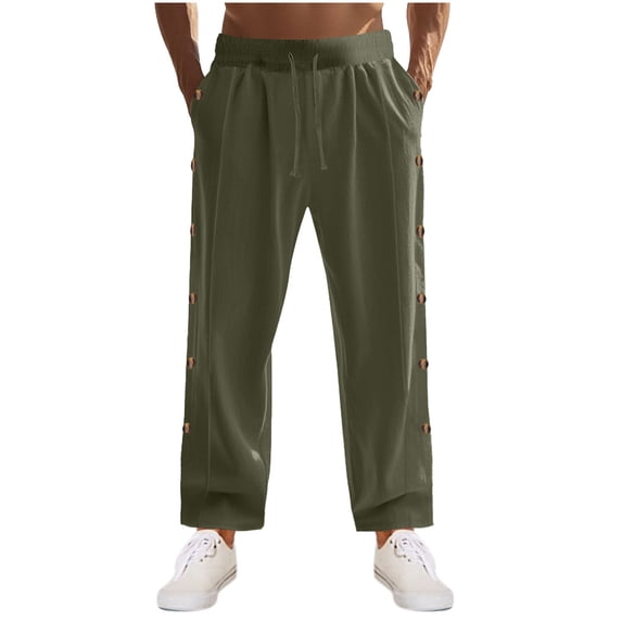 Diufon Men's Casual Pants Drawstring Waist Wide Leg Loose Cotton Linen Pant Trendy Side Button Trousers with Pockets