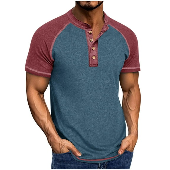 Diufon Men's Casual T-Shirts Short Sleeve V neck Button Up Loose Tee Shirt Color Blocked Soft Breathable Tops