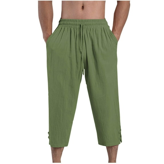 Diufon Men's Cotton Linen Capri Pants Wide Leg Workout Gym Pant with Pockets Casual Drawstring Waist Pants