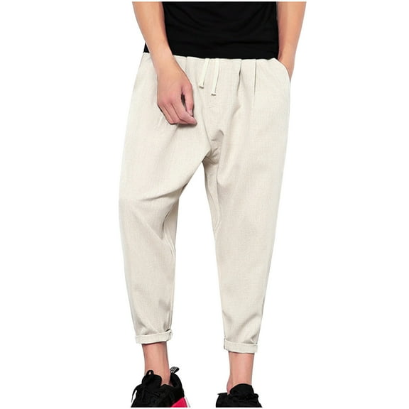 Diufon Men's Cotton Linen Pants Casual Drawstring Elastic Waist Tapered Loose Cropped Trousers with Pockets