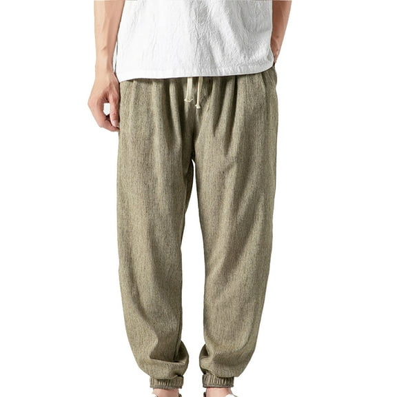 Diufon Men's Cotton Linen Pants Casual Drawstring Elastic Waist Wide Leg Loose Cropped Trousers with Pockets