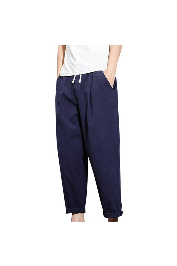 Men's Cotton Linen Pants Casual Drawstring Waist Straight Leg Loose Cropped Trousers with Pockets